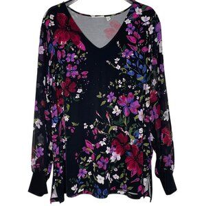 Susan Graver Dark Floral Sequin Sheer Sleeve Liquid Knit Top Sz 3X
